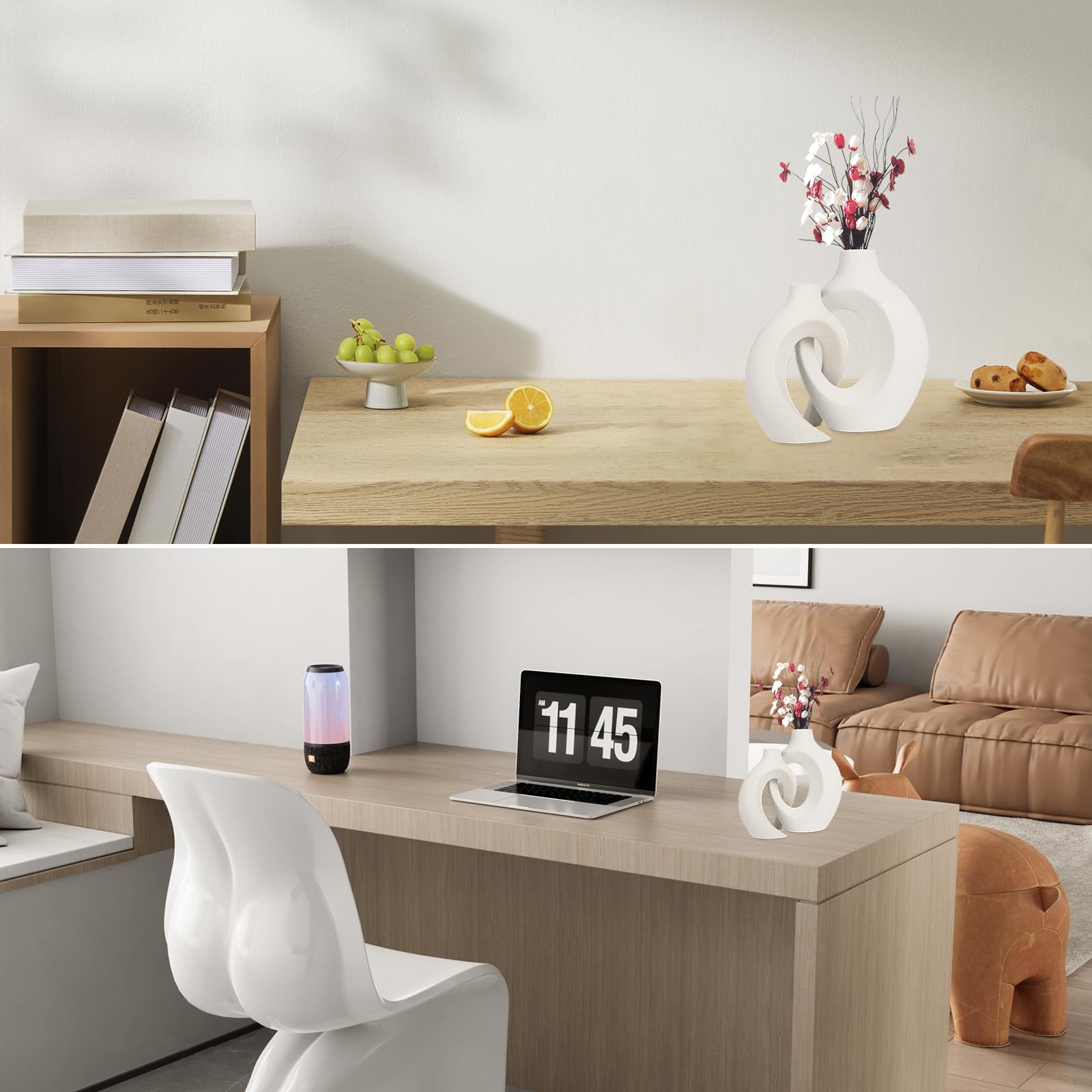 Vase Mit Loch Weiss Boho Ideal, 2er Set Keramik Vase Weiß Matt, Keramik Vase Für Pampasgras, Zur Aufbewahrung von Trockenblumen für die Heimdekoration