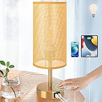 Vista 1 de Yarra-Decor Lámpara de mesita de noche con puerto USB - Lámpara de mesa con control táctil para dormitorio de madera regulable de 3 vías con Tela
