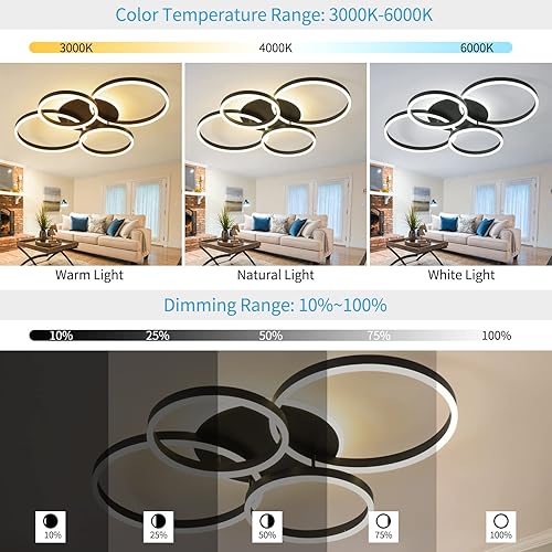 Miniatura 2 de QIYIMEILUX Lámpara de techo LED moderna de 88 W, regulable, con control remoto, 5 anillos, lámpara de techo empotrada, lámpara de techo negra para