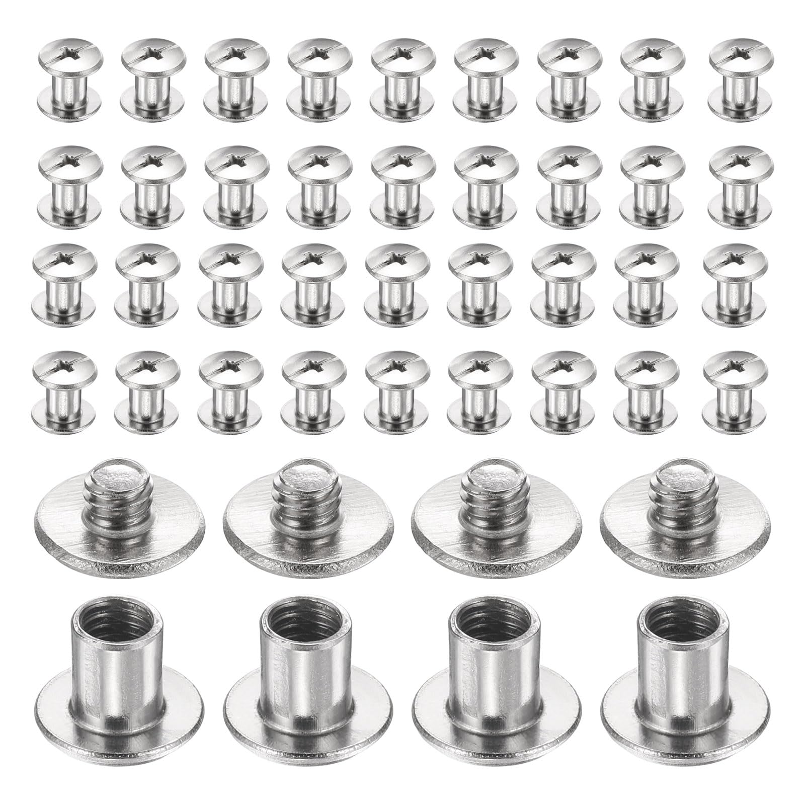 sourcing map 40set Chicago Screw M4x5mm 3mm Length Metal Phillips Nail Rivet Stud Bolts Rivets Binding Post Screw for DIY Leather Belt Bag Craft Bookbinding, Silver