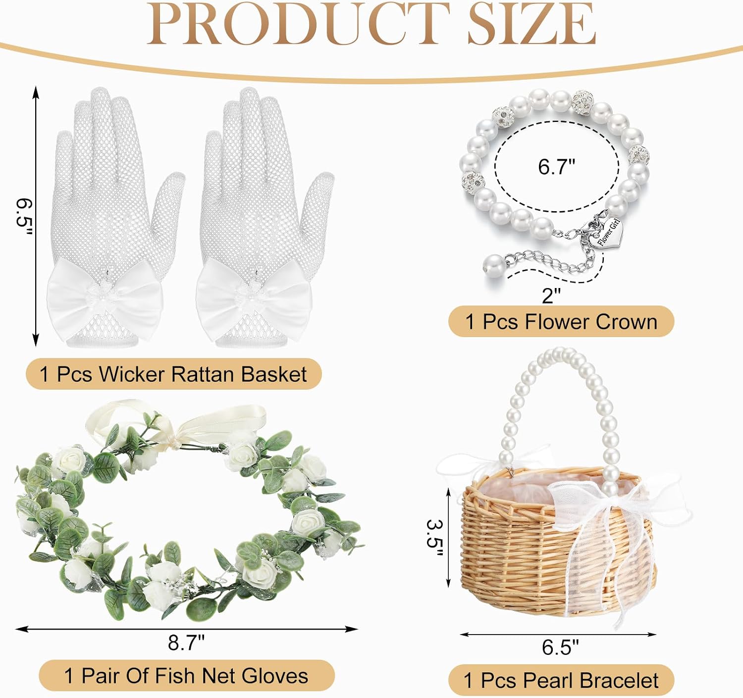 Riceshoot 4 Pack Flower Girl Baskets Set Flower Girl Jewelry Accessories for Wedding Include Canastas Para Flores Headpiece Pearl Bracelet Lace Gloves(Rustic)