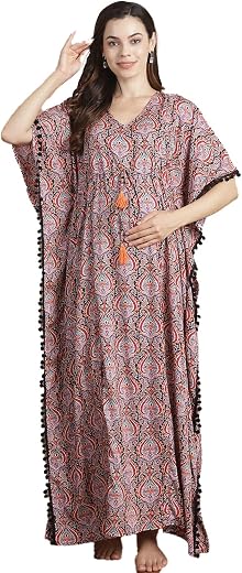 Secret Wish Rayon Maternity Kaftan Nighty/Free Size/Feeding/Nursing/Zipper/Drawstring/Printed/Full Length