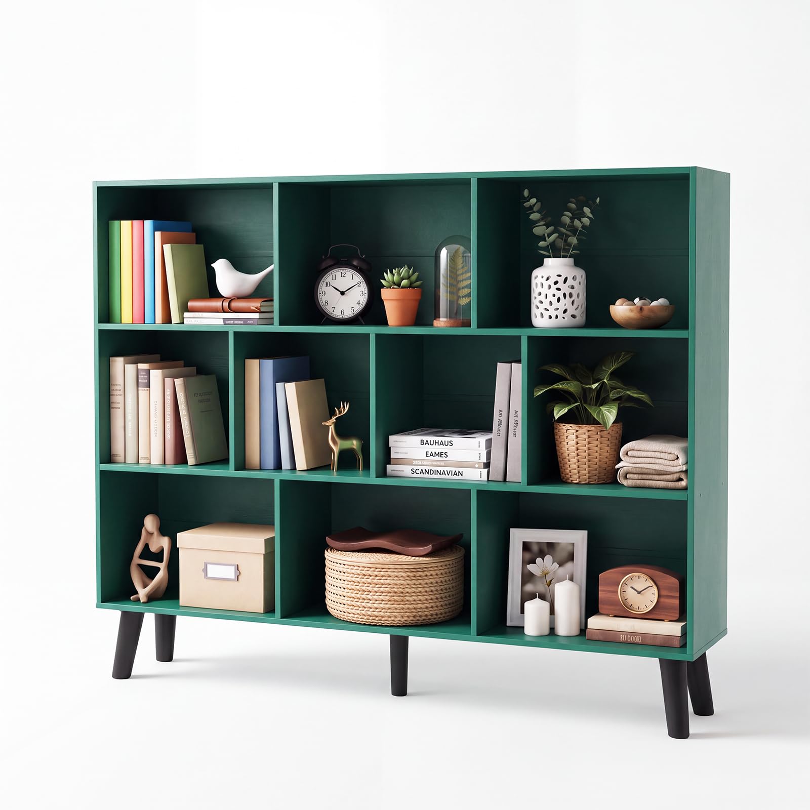 YAHARBO 10 Cube Large Bookshelf,3 Tier Bookcase with Legs,Dark Green Mid-Century Modern Bookshelves,Wide Free Standing Open Storage Organizer Shelf,Tall Wooden Book Case Furniture for Living Room