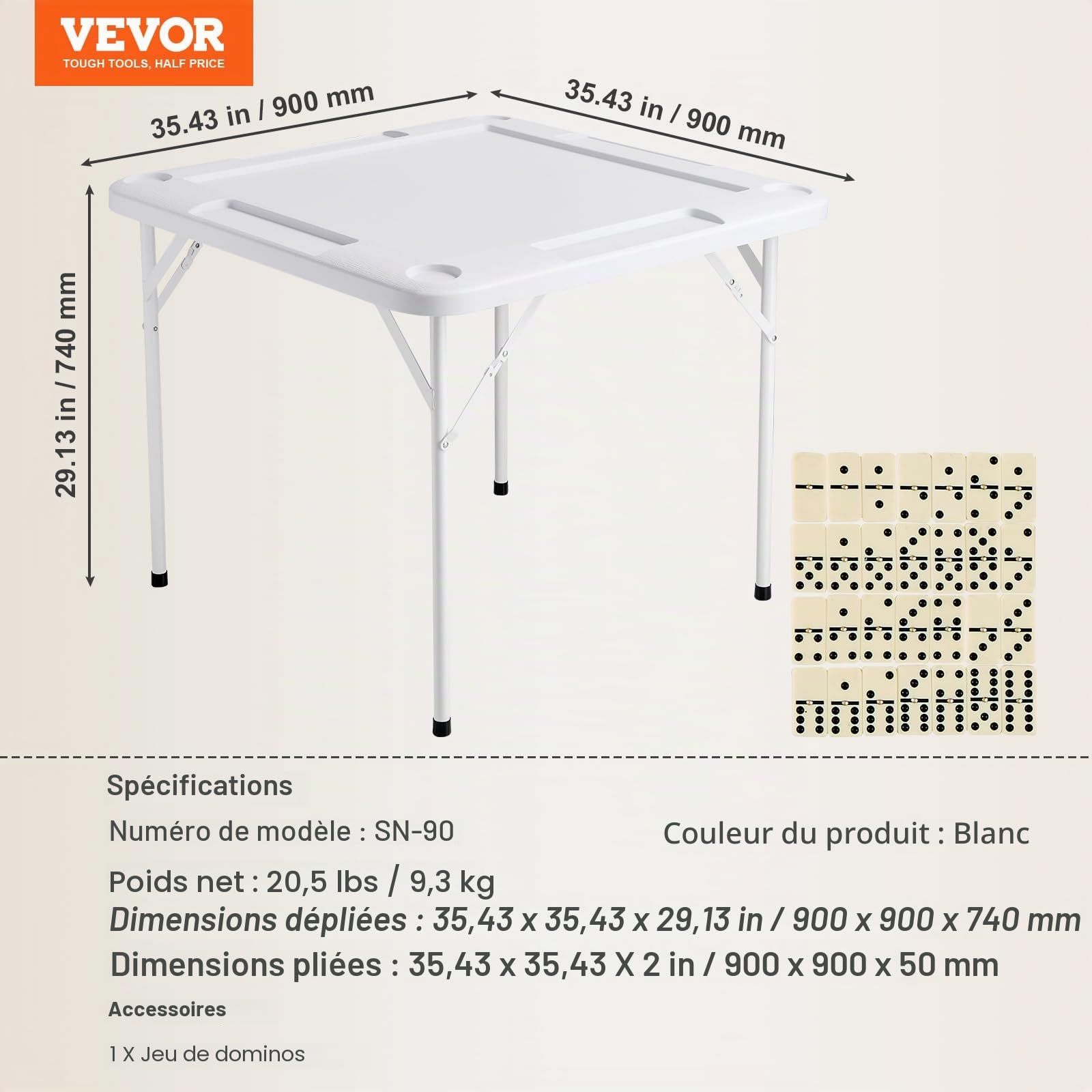 VEVOR Table de Mahjong Pliante Carrée pour 4 Joueurs, Table de Jeu de Cartes Portable, avec 4 Porte-gobelets et 4 Plateaux à Jetons, Jeu de Dominos pour Puzzles Poker Mahjong, 90 x 90 cm, Blanc