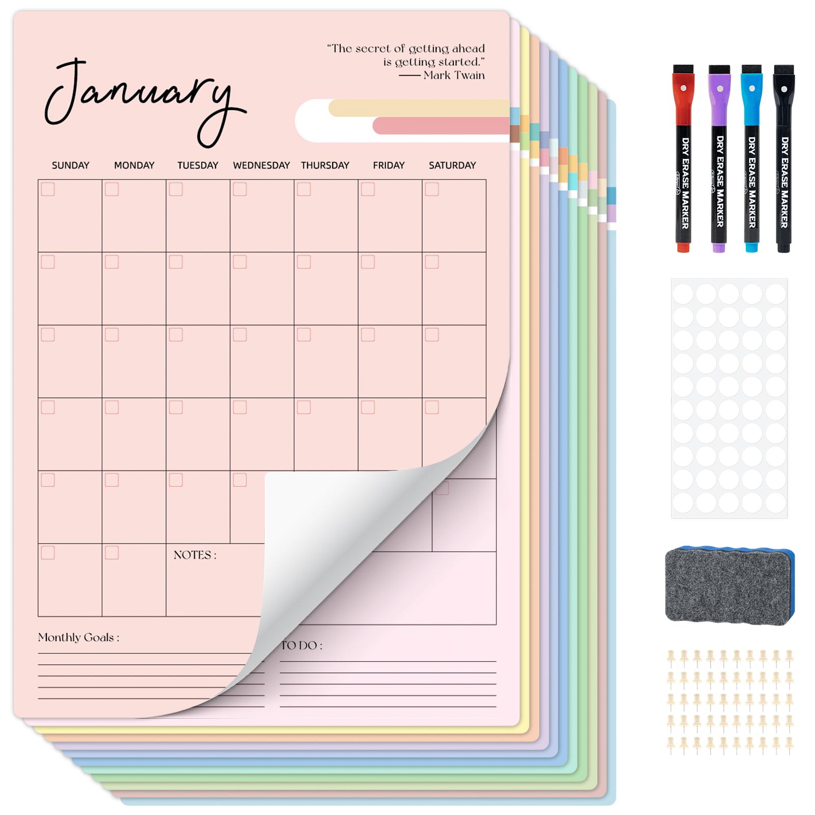 Ospelelf Undated Dry Erase Wall Calendar 12 Month, 12" x 17" Laminated Calendar Monthly Office Calendar 2026, 12 Sheets