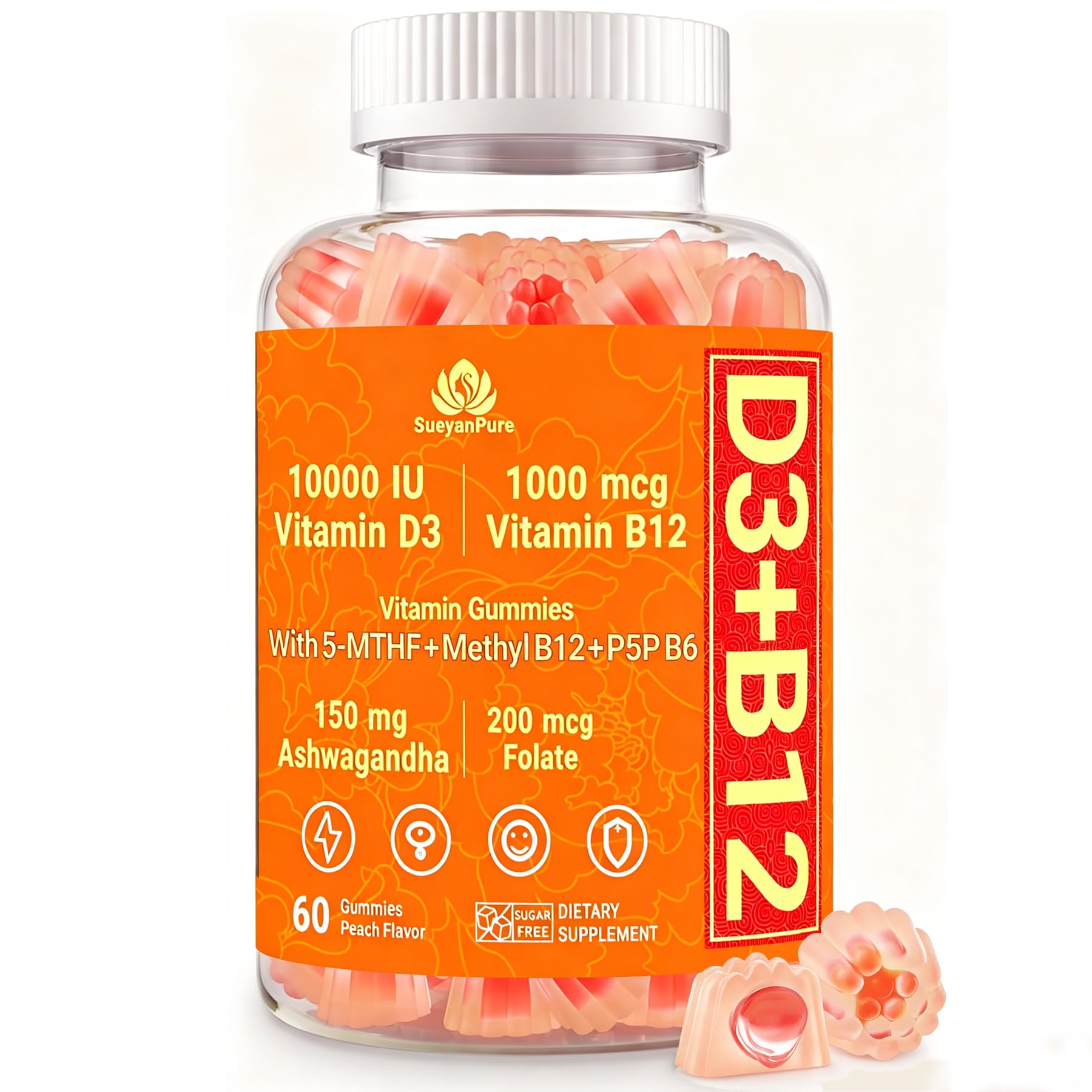 SueyanPure Gomas de vitamina D3 e B12 com ashwagandha, zinco, folato 5-MTHF e B6 P5P — 10.000 UI, 1.000 mcg, 150 mg, 10 mg, 200 mcg e 1,7 mg — 60 gomas