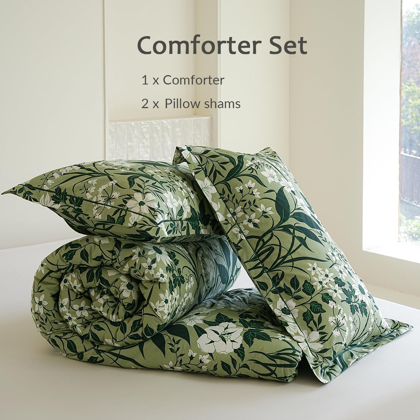 Green Floral Comforter Queen Size - 100% Organic Cotton Comforter Set 3pcs, Botanical Print Soft Bedding Set