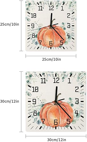 Miniatura 7 de Thanksgiving Wooden Wall Clock Silent Non Ticking, Orange Fall Pumpkins Eucalyptus Laves Burlap Square Wall Clock Battery Operated, Decor Clock for