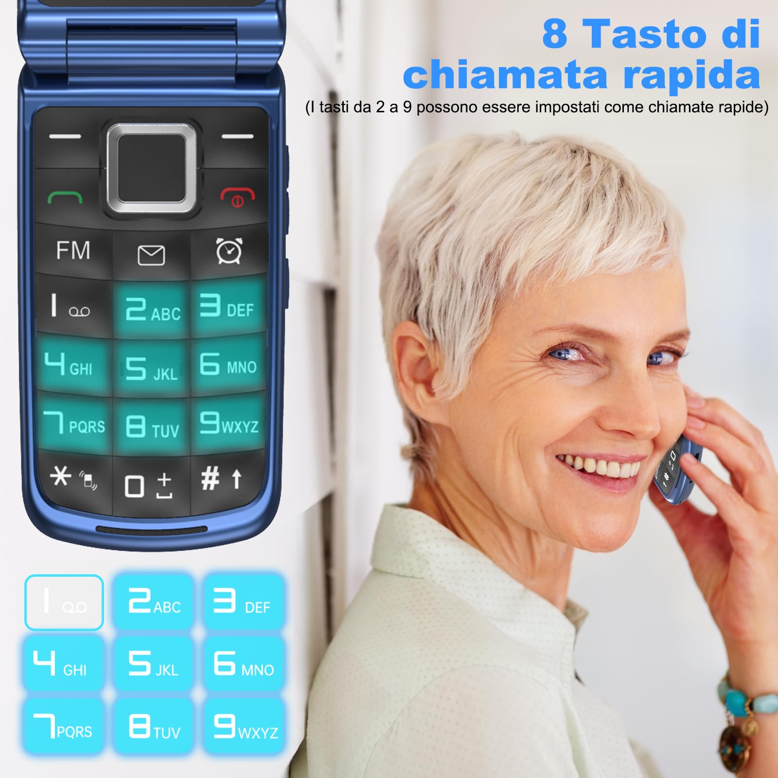 CHAKEYAKE 4G Telefono Cellulare per Anziani,Dual SIM, Flip Telefoni Cellulari con Tasti Grandi, Funzione SOS, Volume alto, 2.4"+1.77" Doppio Display, Torcia, Base (Blu)