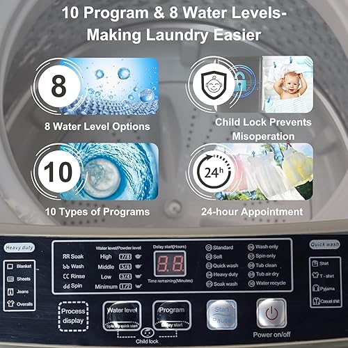 Miniatura 5 de Lavadora automática de 15.6 libras con 10 programas, pantalla LED, 8 niveles de agua, lavadora compacta de alta eficiencia para apartamentos, casas