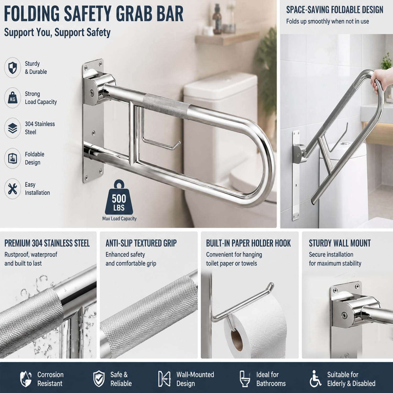 Barra de agarre para inodoro de 23.6 pulgadas, cromada, rieles de seguridad abatibles para baño con soporte de papel, barras de agarre antideslizantes para discapacitados, pasamanos de soporte
