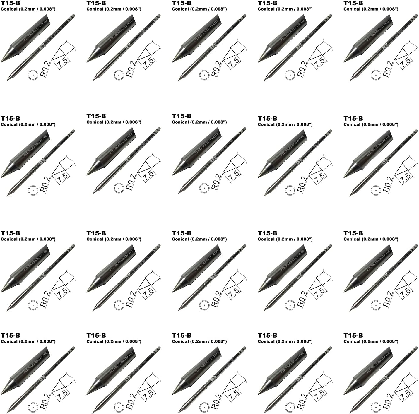 T15-BL Long Conical Round 0.2mm Soldering Tip for FX-9501 FM-2028 FM-2027 FM-2021 FX-950 FX-951 FX-952 FM-202 FM-203 FM-204 FM-206 ACE Tips (20)