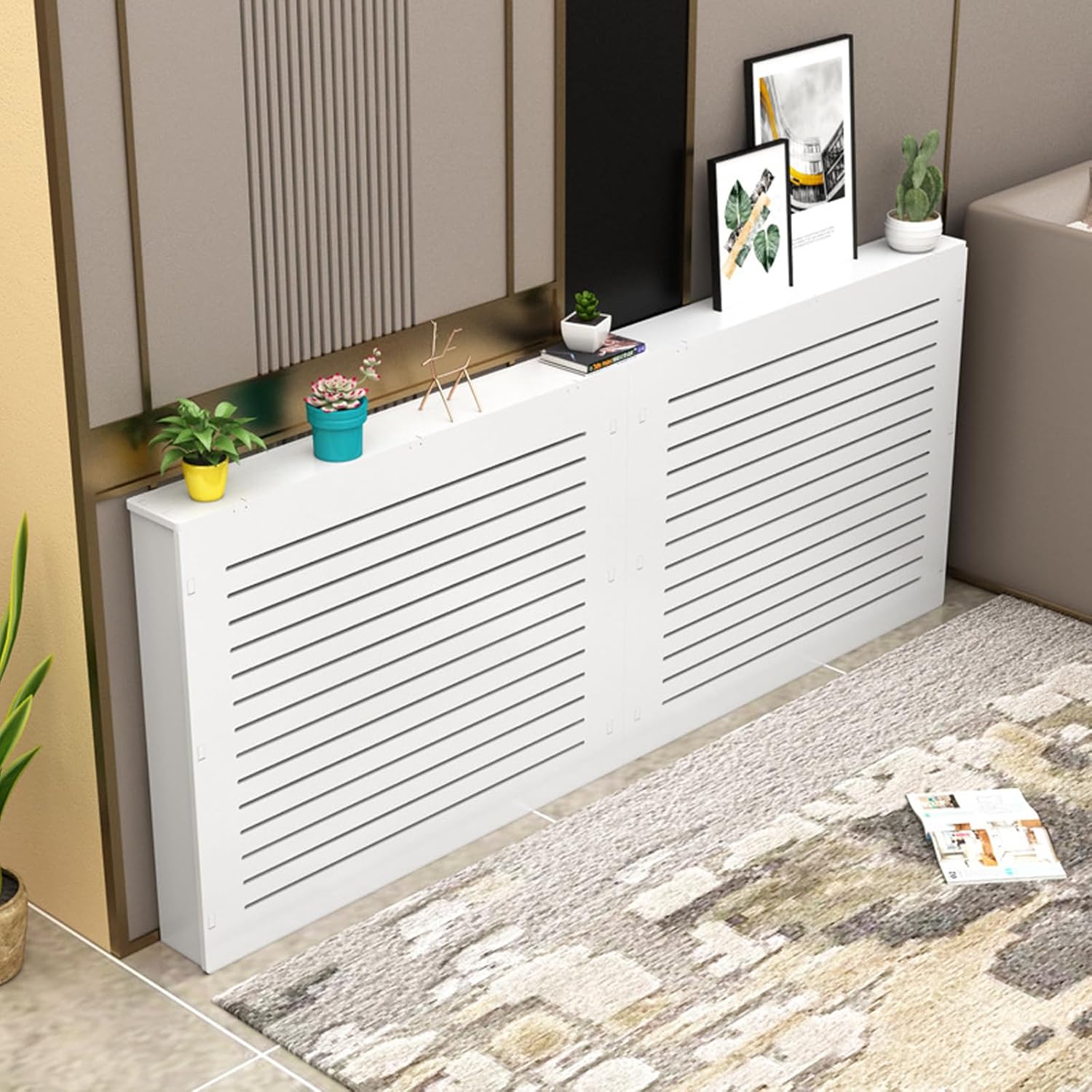 White Wooden Radiator Cover with Louvered Grill & Shelf, Decorative Cabinet to Hide Cluttered Pipes for Home, Living Room, Bedroom, Office, Hallway Heating,White,28”Lx8“Wx28”H