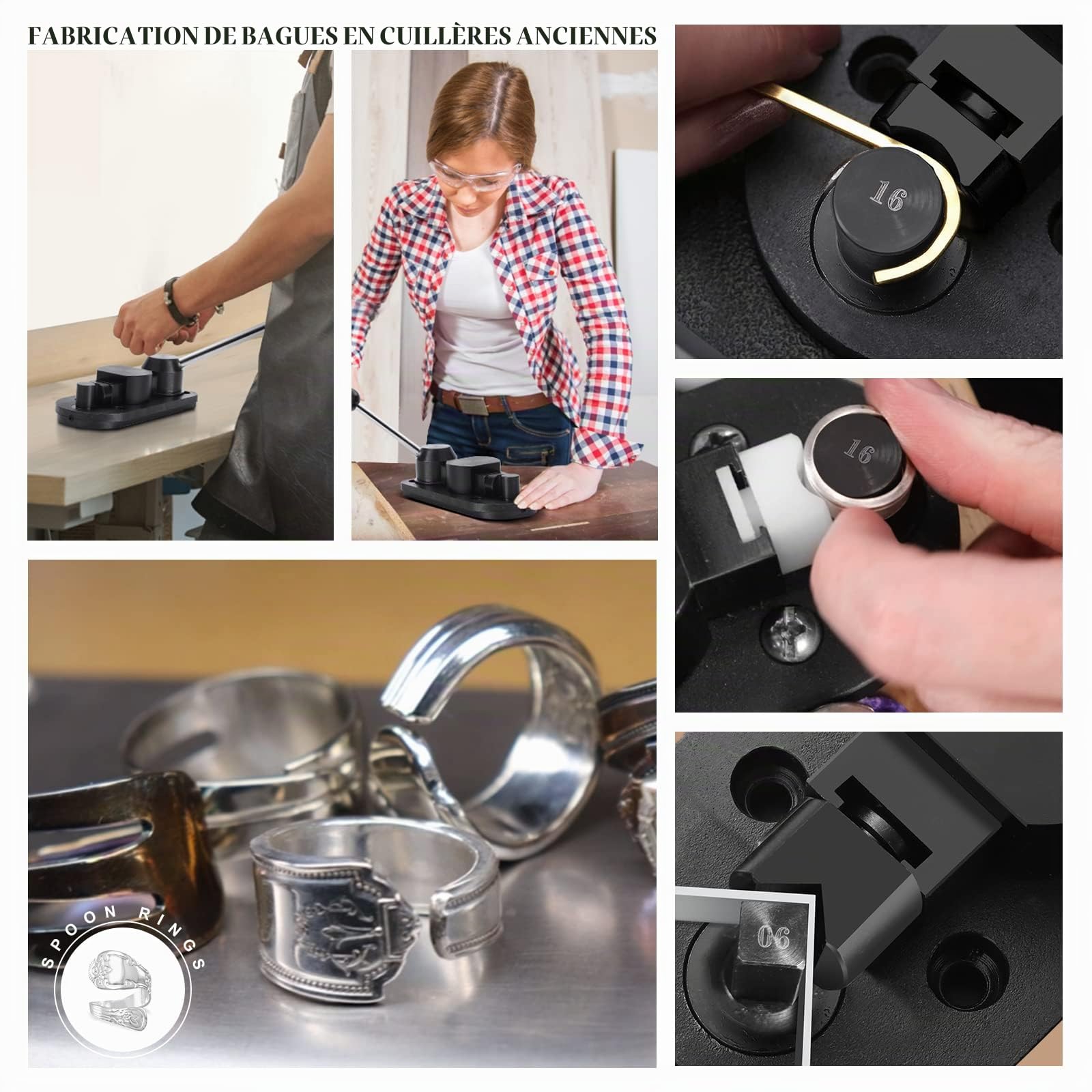 Outil de cintrage d'anneaux pour cuillère, bagues, kit de fabrication de bijoux avec matrices en nylon, 2 bagues vierges, machine à cintrer, outil de mesure, outil de bijoux multifonction