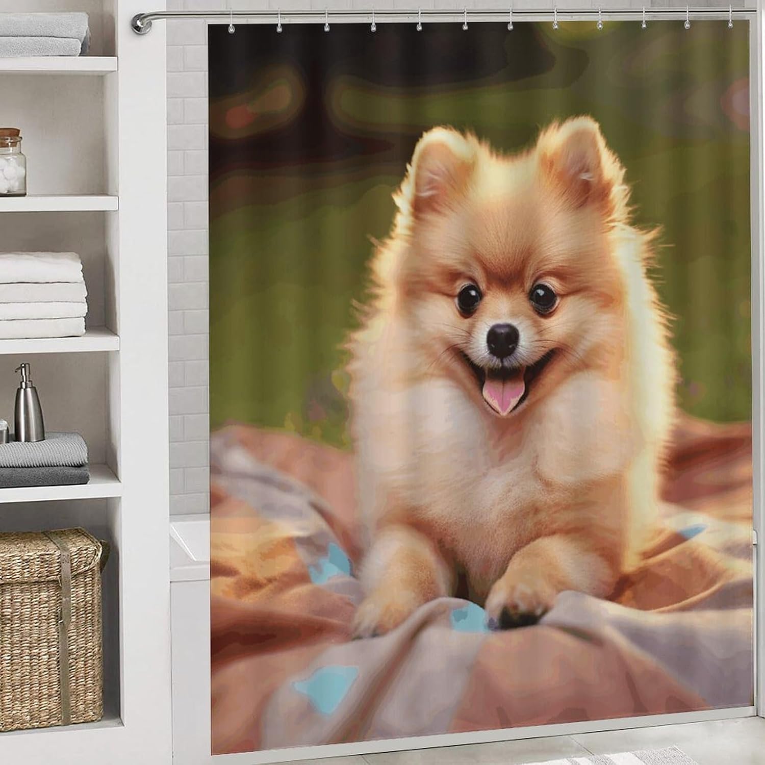 Pomeranian Bathroom Rugs Sets 4 Piece | Shower curtain sets, non-slip absorbent soft flannel bath mat, u-shaped toilet mat & lid cover, bathroom decor accessories