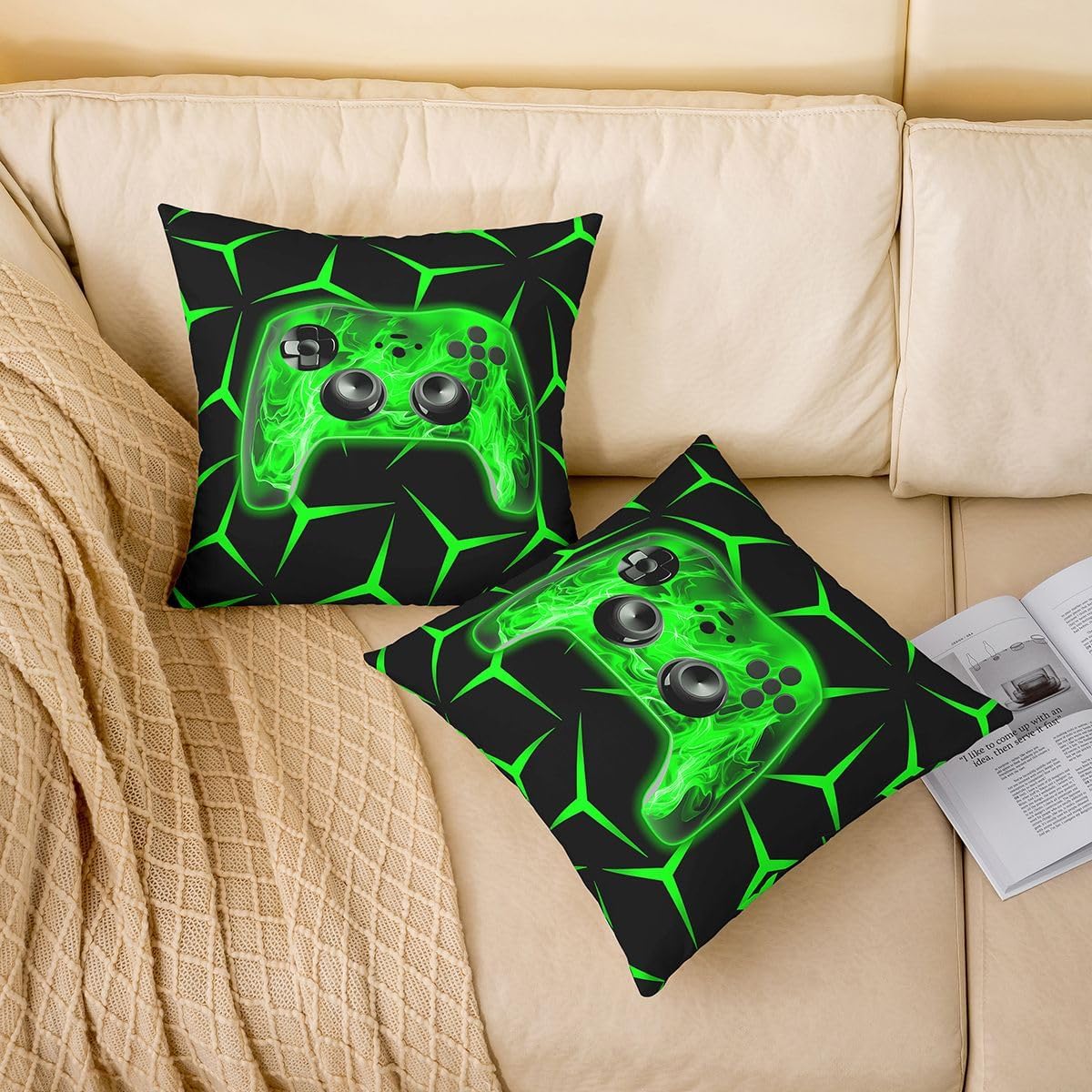 Castle Fairy Gamepad Kids Throw Pillow Cover,Gaming Geometric Console Double Sides Pillow Case,Video Games Flame Controller Home Decor,Green Black Bed Couch Sofa Cushion Cover,4 Pack 16"x16" image 3