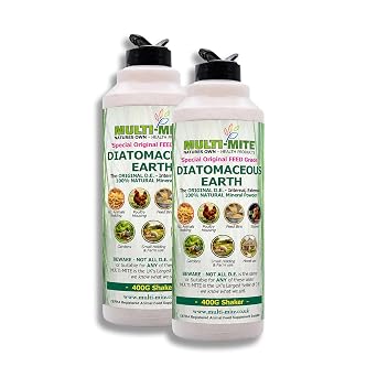 Multi-Mite 2 x 400G Shakers Feed Grade Diatomaceous Earth DE Powder for Dogs Cats Poultry Animal Bedding & Housing Pet Areas, Stables, Gardens. 100% Natural Highly Absorbent & Desiccating