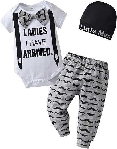 3Pcs Newborn Baby Boy Clothes Summer Short Sleeve Bow Ladies I Have Arrived Romper + Moustache Pants + Hat Outfits Set (0-...