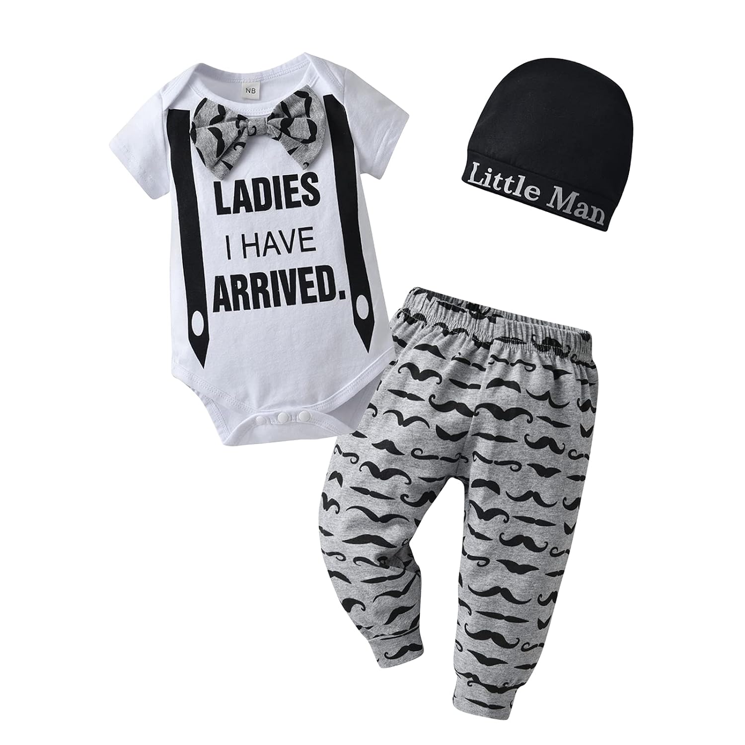 3Pcs Newborn Baby Boy Clothes Summer Short Sleeve Bow Ladies I Have Arrived Romper + Moustache Pants + Hat Outfits Set (0-... - Review, Price and Buying Guide