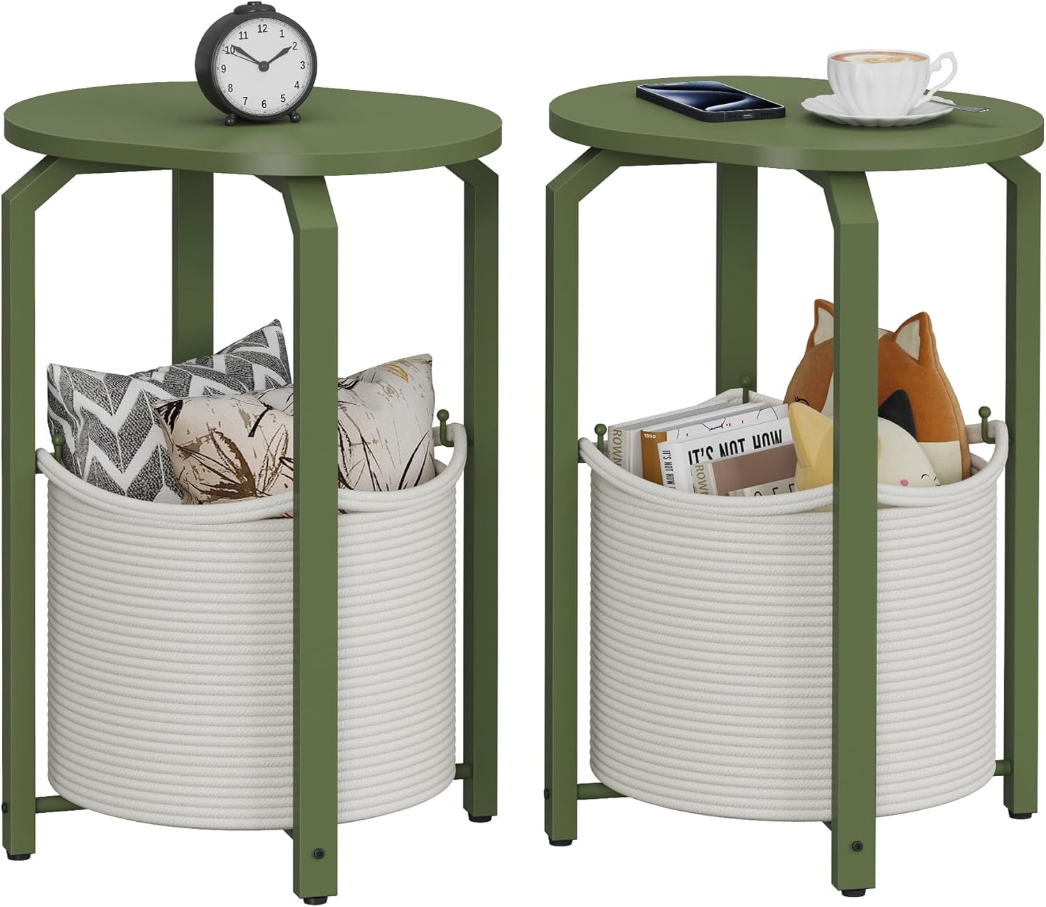 TUTOTAK Small Side Table, Oval End Table, Night Stand, Bedside Table, Sofa Table with Storage Basket, Living Room, Bed Room, Olive Green TB01BOG0932