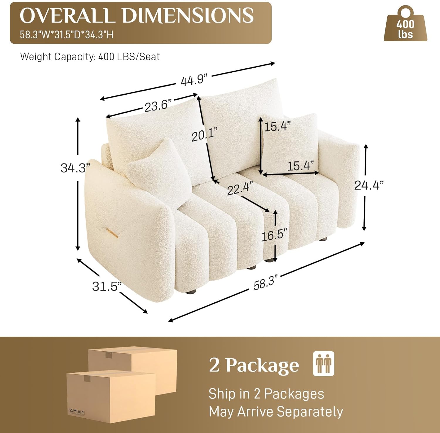 Wrofly Boucle Cloud Sofa Couch, Modern Deep Seat Boucle loveseat Sofa, Comfy Upholstered Sherpa Couch with 2 Pillows, Oversized Accent Armchair for Living Room Apartment Office, Beige