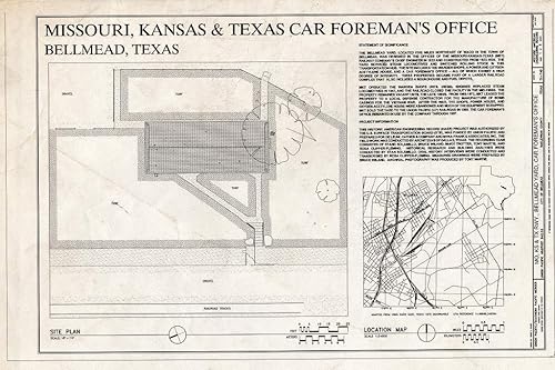 Historic Pictoric Plan del sitio del plano ferrocarril de Missouri, Kansas y Texas (MKT), patio de Bellmead, oficina del capataz de automóviles,