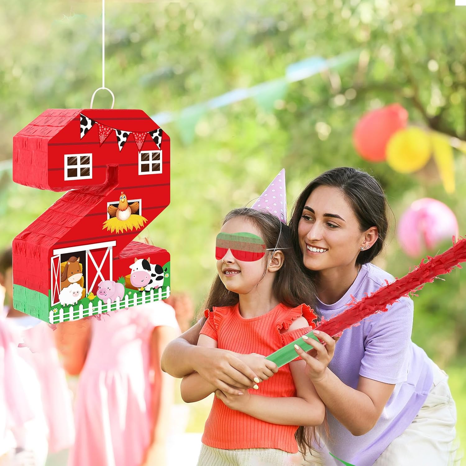 Hungdao Farm Birthday Piñata Number Piñata with Blindfold Bat and Confetti Farm Animal Piñata for Boys Girls Birthday Party Decorations Barnyard Baby Shower Carnival Game Supplies(Farm Number 2)