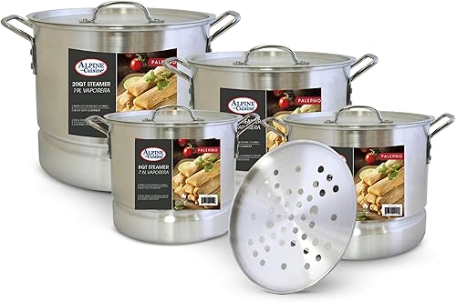 Alpine Cuisine Juego de 12 ollas de vapor de aluminio con tapas de olla de cocina de 8, 12, 16, 20 cuartos de galón, capacidad de cocción al vapor