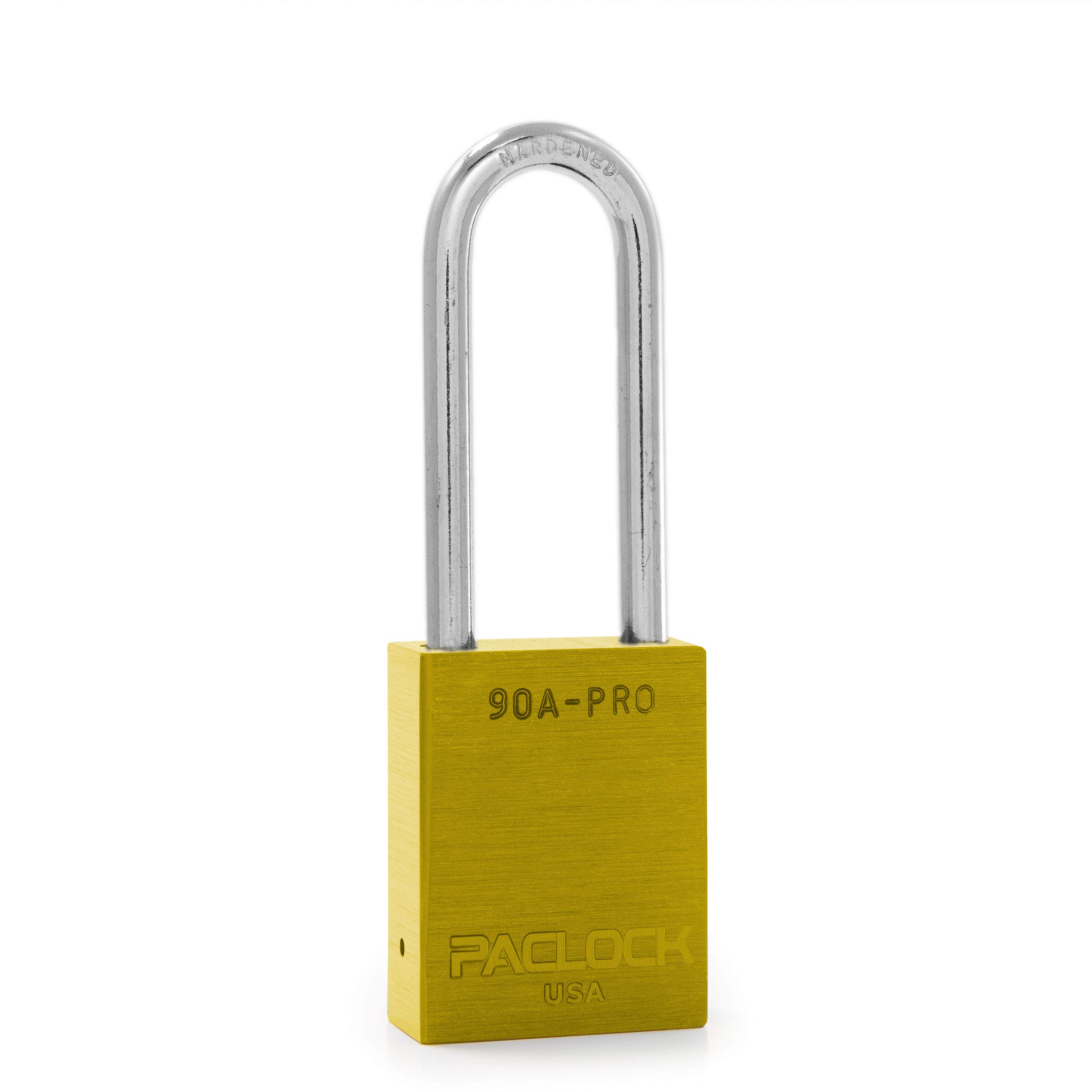 PACLOCK's 90A-PRO Padlock, 1/4" Diameter Hard. Steel Shackle, 2-1/2" Tall, High Performance 7-Pin Cylinder w/ 1 Key, Keyed Alike, Yellow