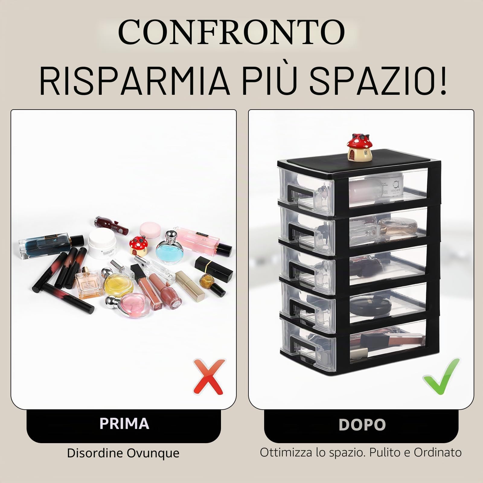 Healeved Organizer per cassetti in plastica a 5 ripiani, con cassetti estraibili trasparenti, organizer da scrivania per forniture per ufficio, artigianato, trucco e piccoli oggetti (nero)