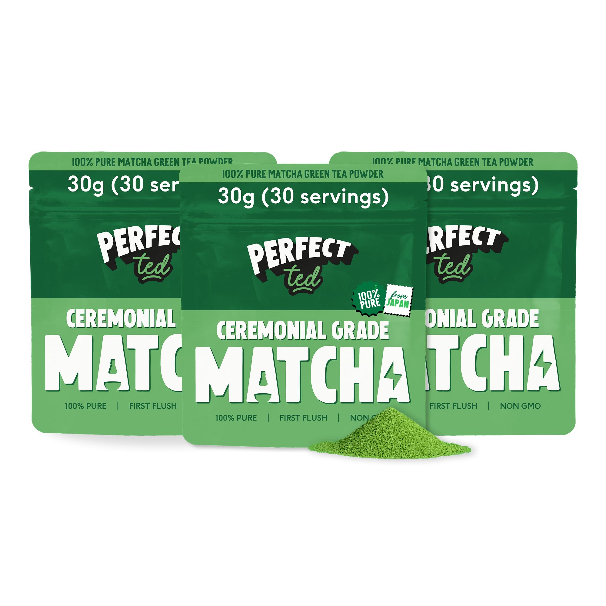 PerfectTed Organic Matcha Powder, Ceremonial Grade Japanese, 3 x 30g (90 Servings) Bulk Pack, Perfect for Lattes & Smoothies | with L-Theanine | Vegan | Gluten-Free