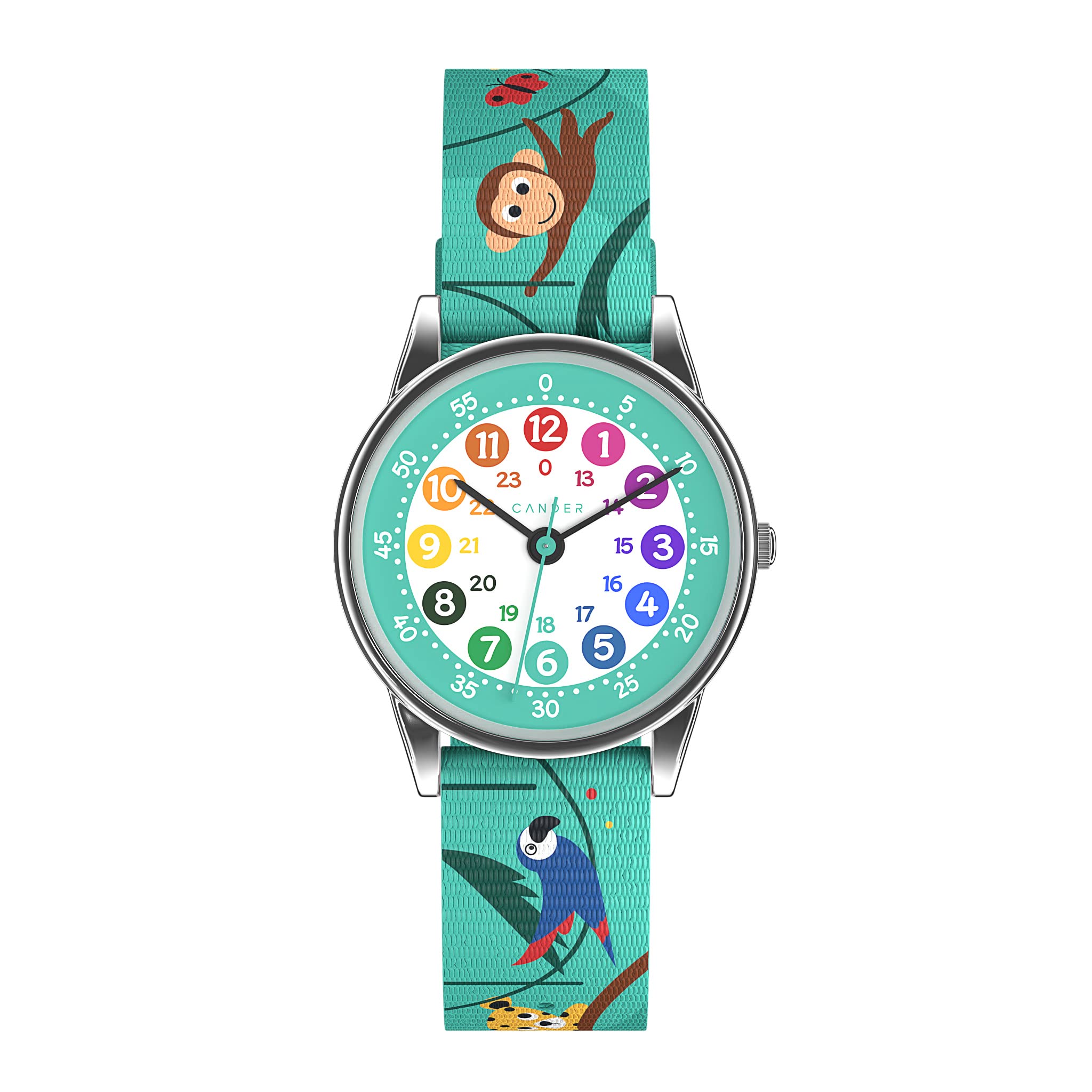 Cander Berlin MNA 1230 T - Orologio per bambini, con quadrante di apprendimento, motivo: animali, colore: Turchese, multicolore, Turchese., Cinghia