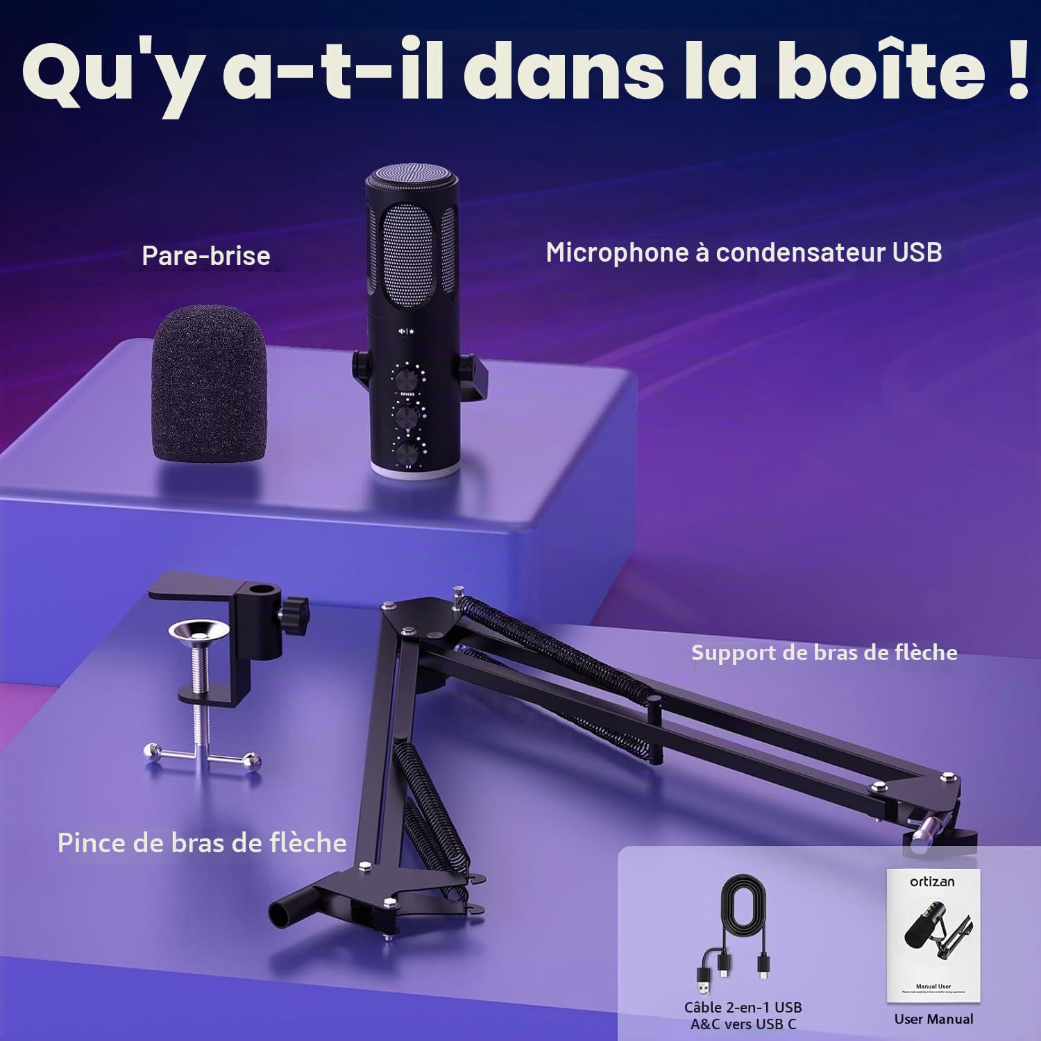 Ortizan Microphone de Jeu USB, Microphones à condensateur pour PC, PS4/5 et Mac, Microphone Podcast avec Suppression du Bruit, Microphone avec sourdine, réverbération, Surveillance, Bras réglable | Pour le streaming, les podcasts, YouTube, Discord, Zoom e