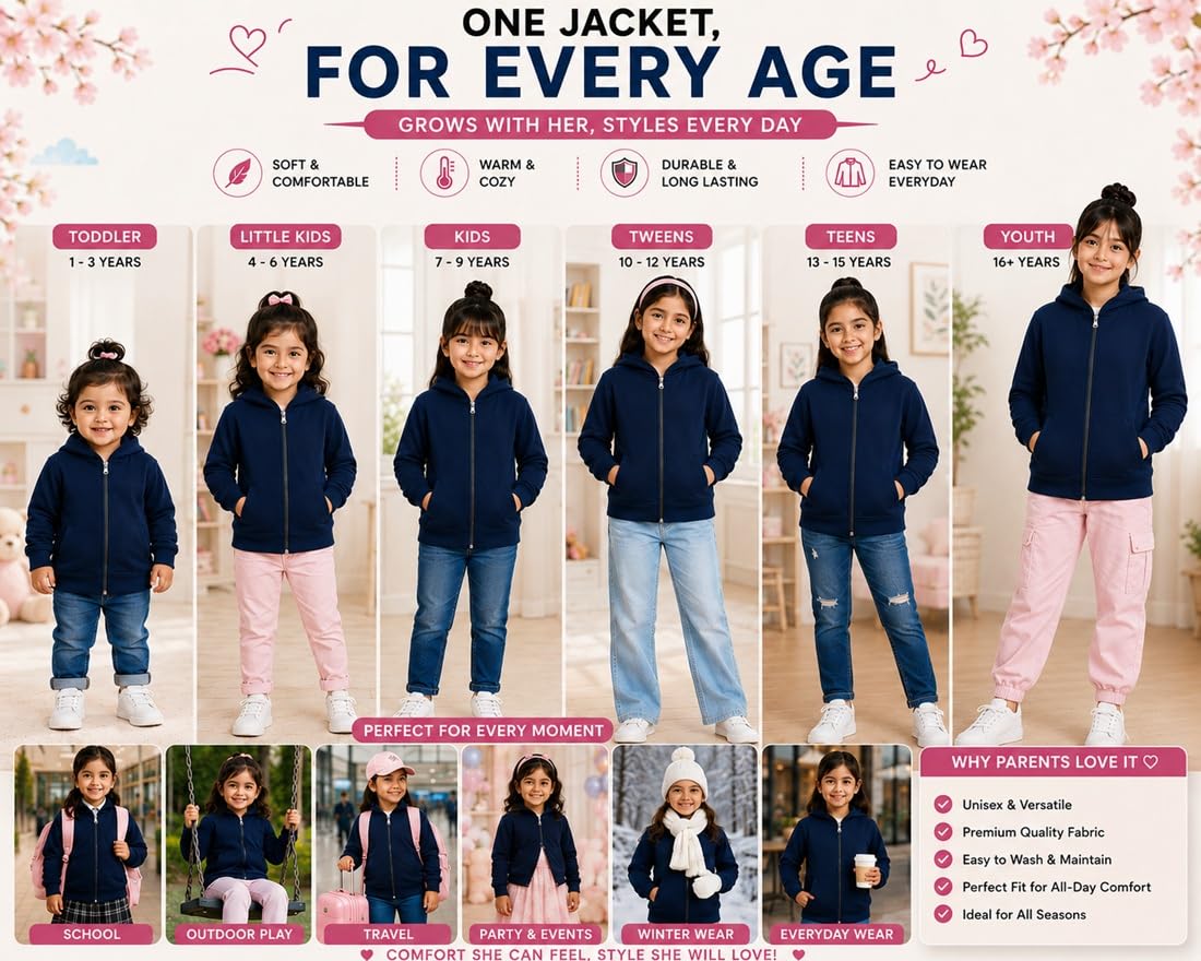 ADBUCKS Girls Hooded Zip-Up Sweatshirt | Casual Sports Hoodie Jacket| Soft Full Zip Hooded Jacket for School, Outdoor, Travel & Everyday Wear | Fashion Winter Hoodie Blue 2