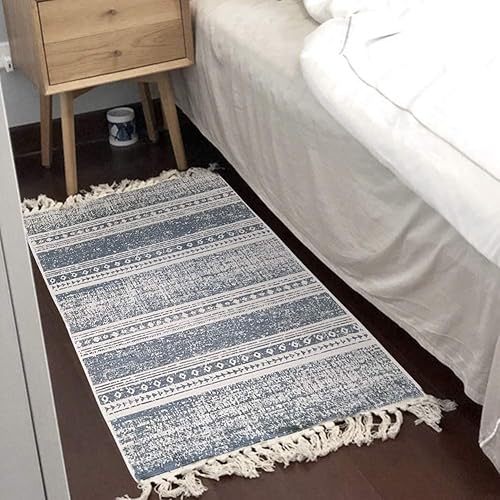 ABREEZE Alfombra de algodón, 2 x 3 pies, tejida a mano con borlas y flecos, alfombra para puerta, alfombra de área interior para baño, dormitorio,