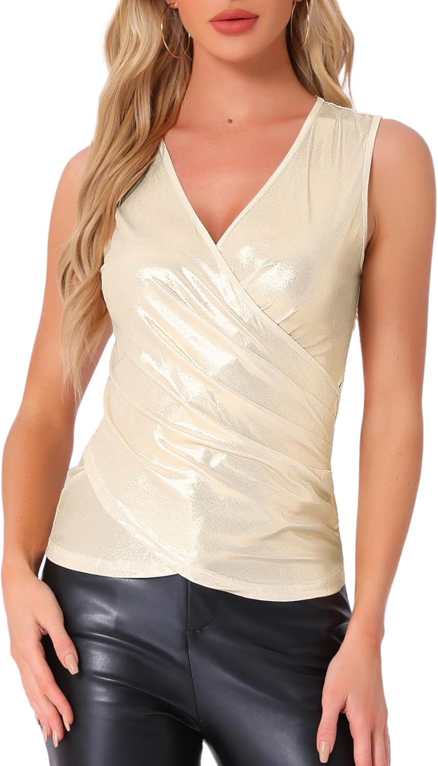Allegra K Shiny Metallic Tank Top for Women Valentine's Day Sleeveless V Neck Holographic Club Party Wrap Shirt