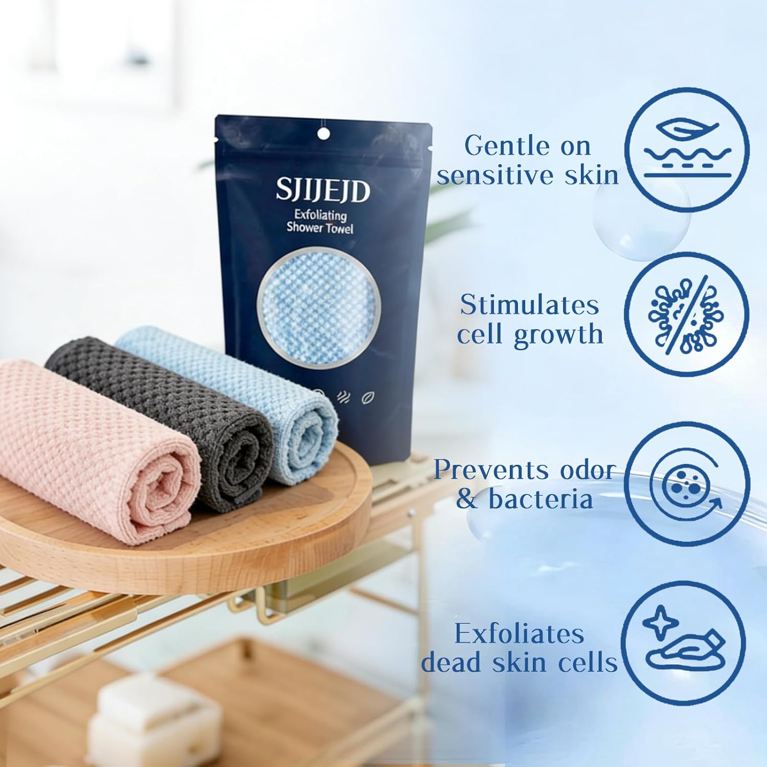 Exfoliating Washcloth Face back scrubber Japanese Exfoliating Towel body scrubber with Hexagon Fibers, with 2 Sides for Scrubbing & Washing, Extra Long Body Towels (3PC)