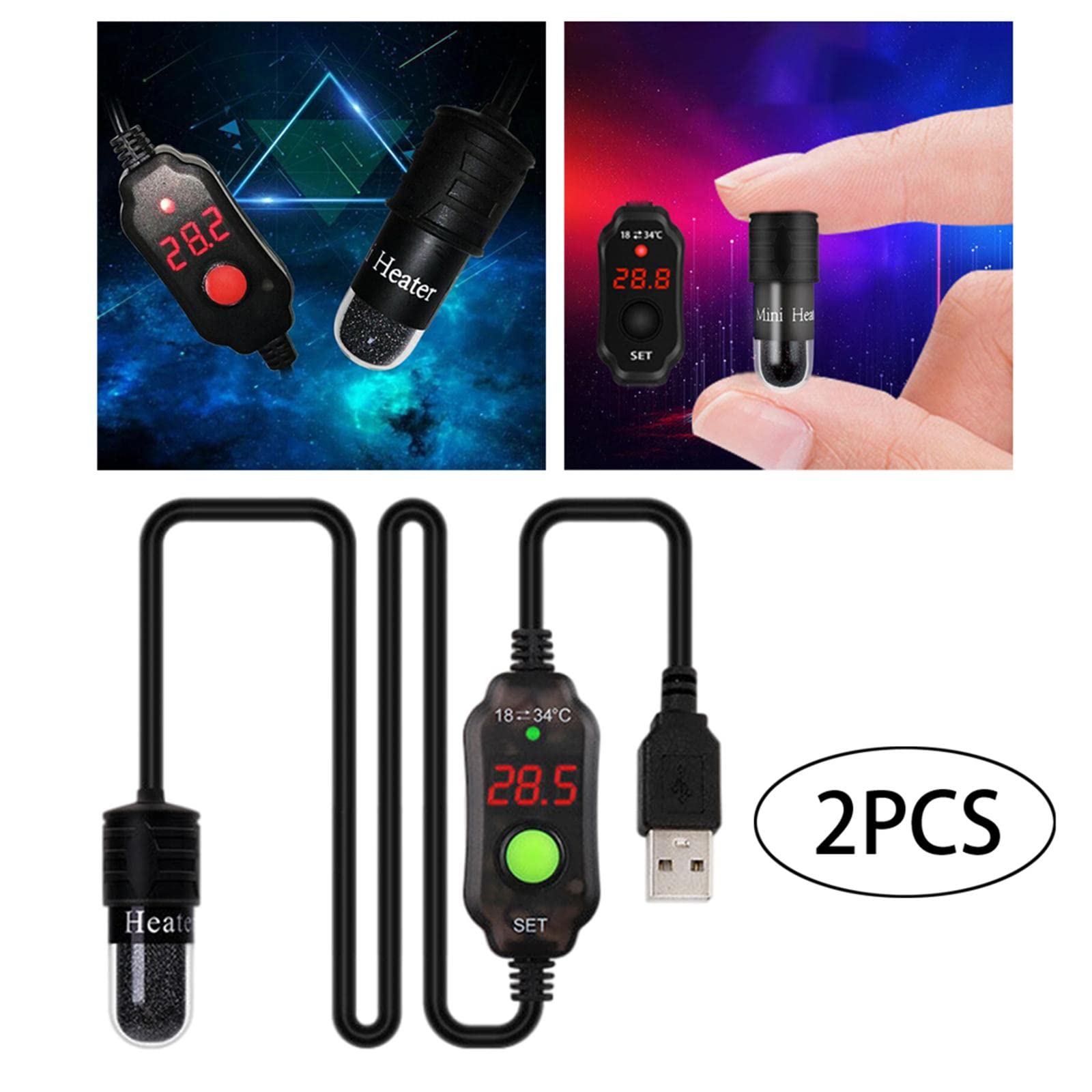 Milageto 2X Calentador de Acuario Varilla de Termostato Sumergible Mini USB Control de Temperatura Ajustable Protección de Nichrome Adecuado para Peceras Mini