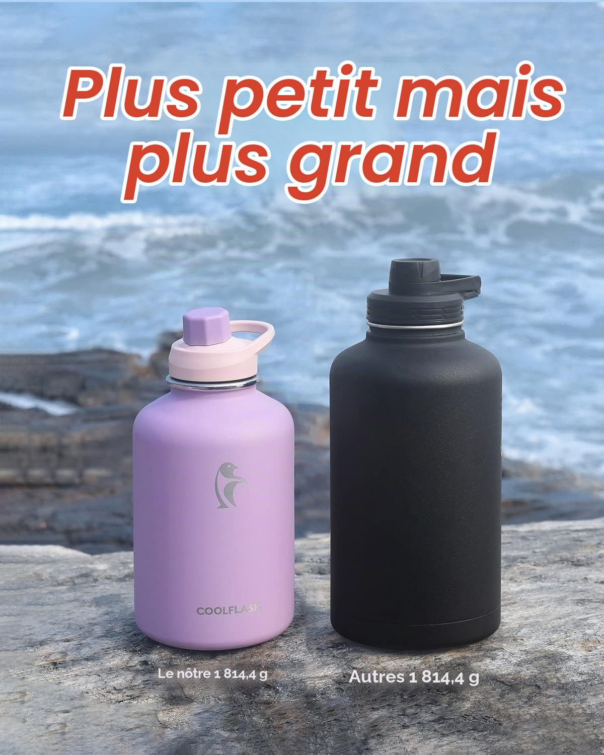 Coolflask Bouteille d'eau 2L isolée avec manchon en cuir PU, bouteille d'eau en acier inoxydable, couleur contrastée avec couvercle en paille, maintien au froid 48h, maintien au chaud 24h, Pourpre