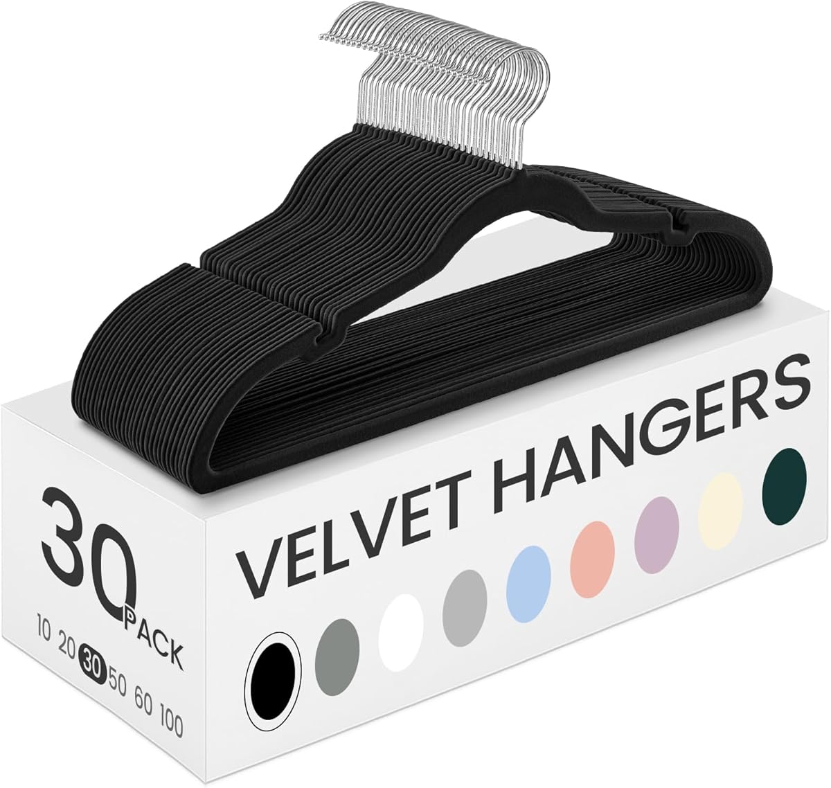 SONGMICS Velvet Hangers 30 Pack, Non-Slip Clothes Hangers with Shoulder Notches, Pants Bar, 360° Swivel Hook, Space-Saving, for Closet, Ink Black UCRF029B03