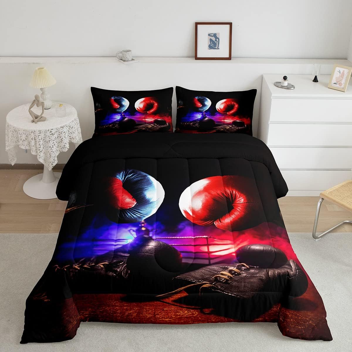 Feelyou Boxing Bedding Set Sports Theme Comforter Set for Kids Boys Girls Men Black Red Boxing Gloves Pattern Comforter Pugilism Games Design Quilt Set Room Decor 3Pcs Queen Size