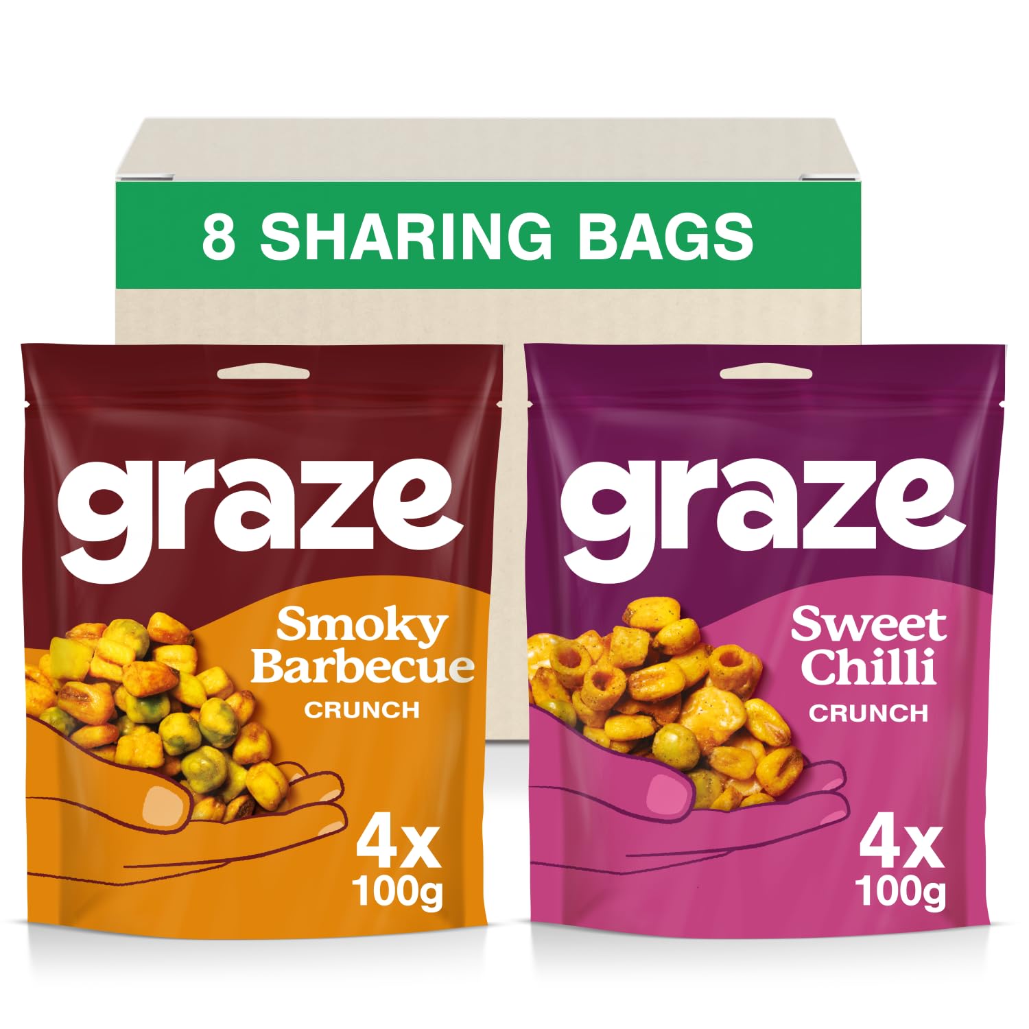 Graze - BBQ and Sweet Chilli Snacks - Healthy Alternative for Crisps, Mixed Nuts & Pretzels -Ideal if You Love Corn, Broad Beans and Corn Hoops Mixed Savoury Vegan Snacks (8x100g pack)