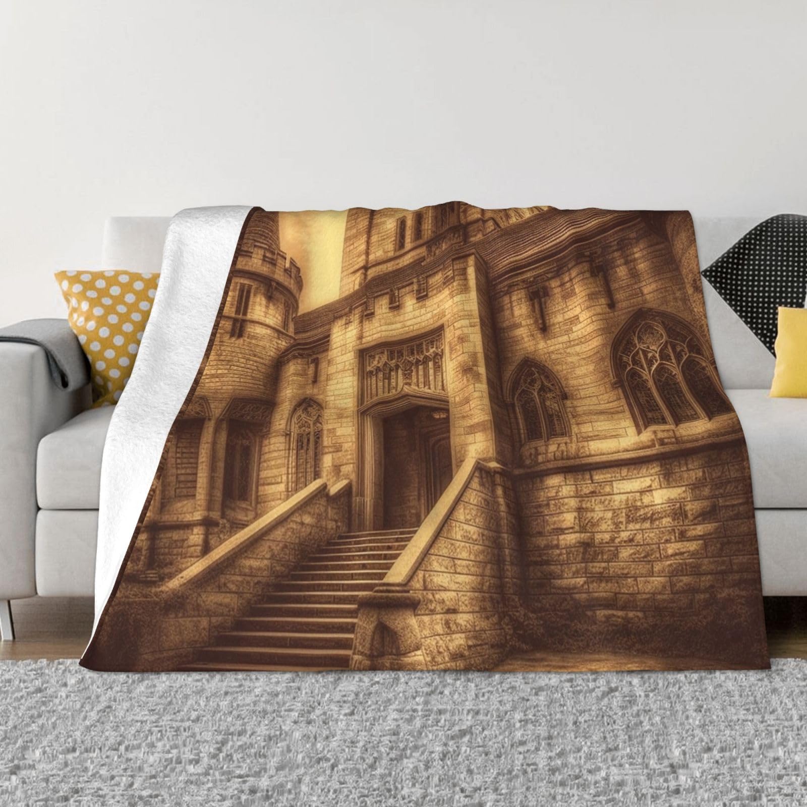 Couverture en peluche pour canapé motif château vintage pour vos soirées