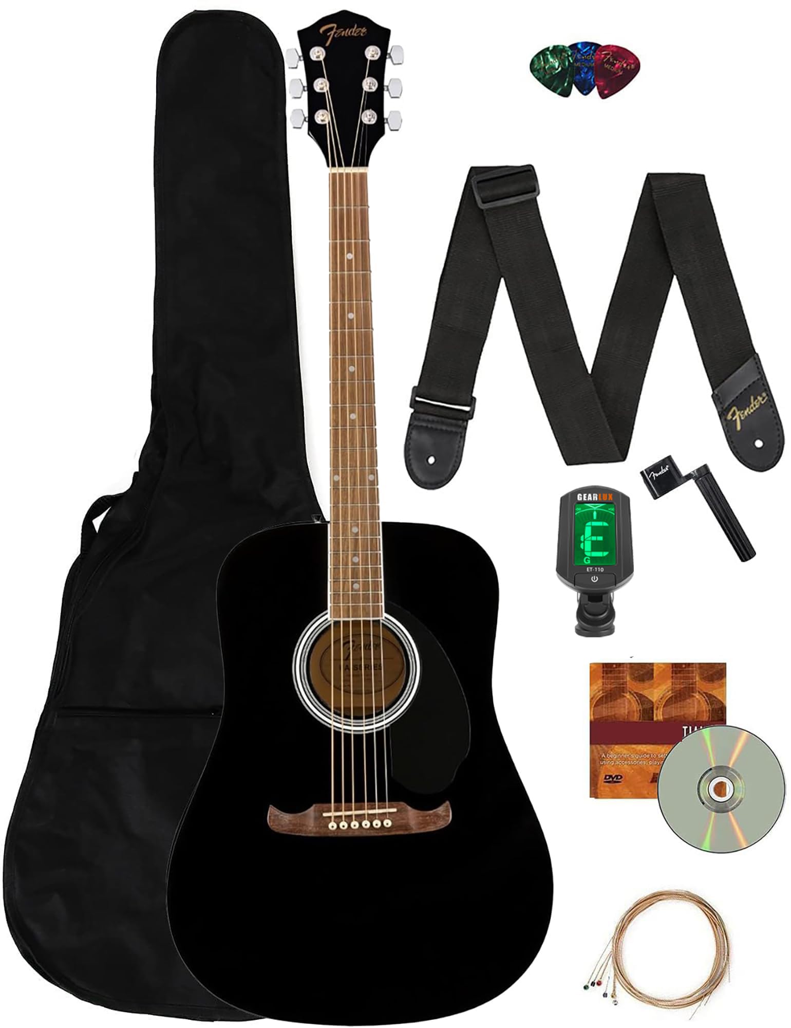 Fender Dreadnought Acoustic Guitar - Black Bundle with Gig Bag, Tuner, Strap, Strings, String Winder, Picks, and Austin Bazaar Instructional DVD