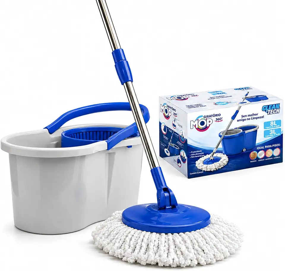Clean Tech - Mop Giratório Fit, Balde 8L, Refil Microfibra, Reforçado, Centrifuga 360, Cabo Inox Ajustável, Limpeza Completa e Rápida para Todos os Tipos de Pisos