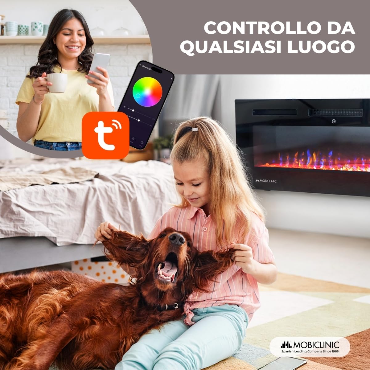 Mobiclinic®, Camino elettrico da parete, 900/1800w, Telecomando e funzione wifi app, Protezione contro il surriscaldamento, 15 colori variabili, Timer, Fury, Per ambienti a partire 25 m2