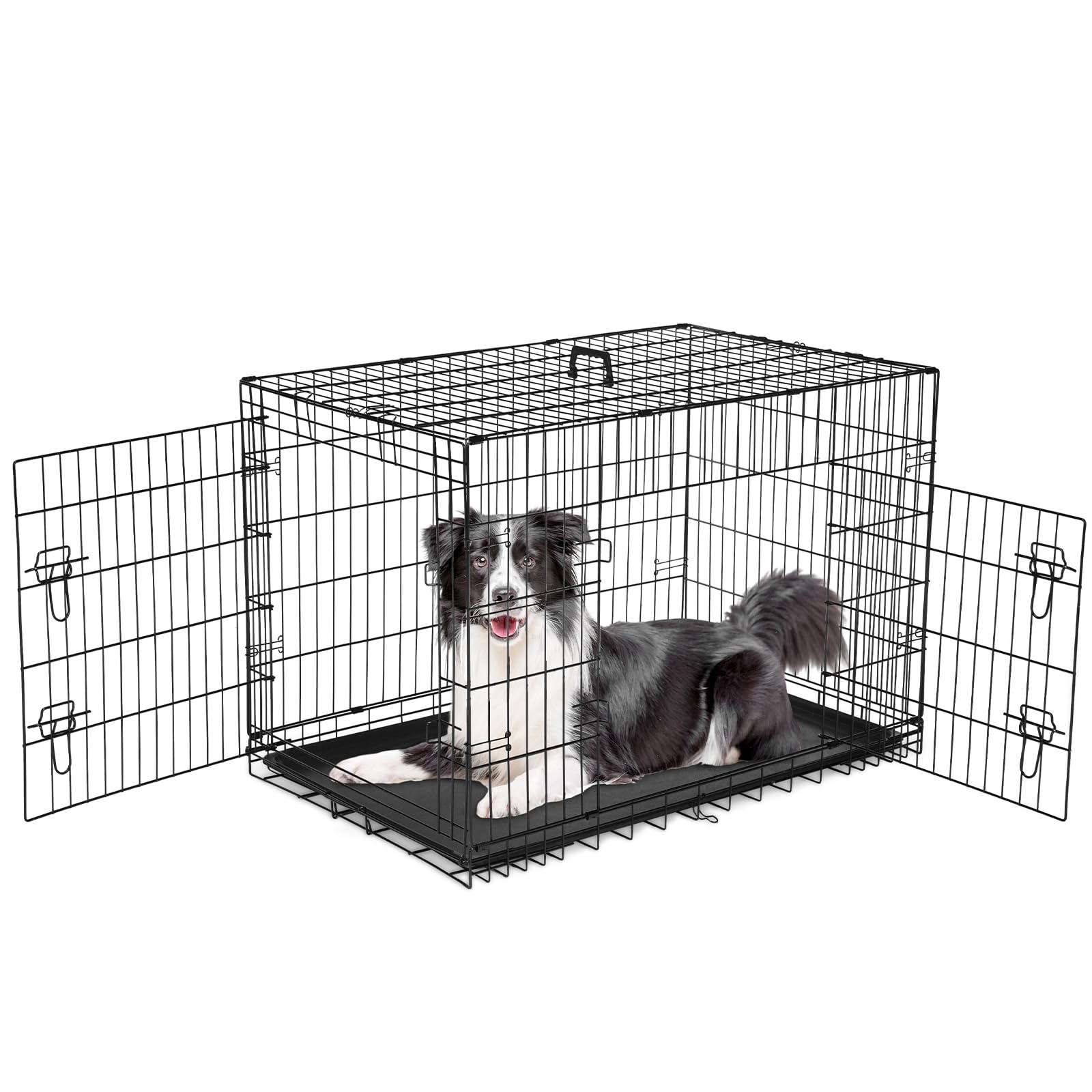 Sweetcrispy Dog Crate, 42 Inch Double Door Folding Metal Wire Dog Cage with Plastic Leak-Proof Pan Tray, Large XL Pet Kennel for Indoor, Outdoor, Travel