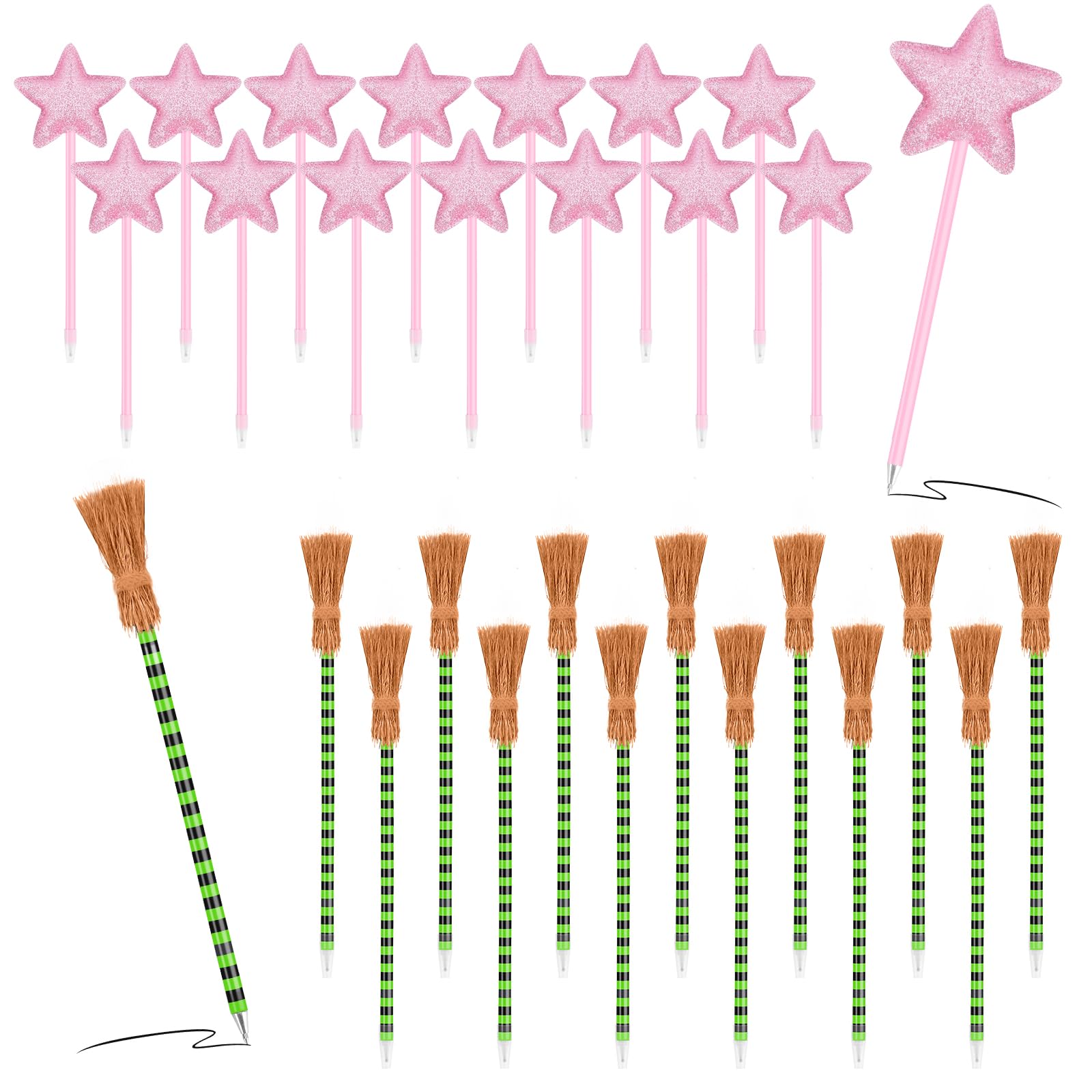 PLUVAVA 30 Pieces Princess and Witch Party Favors Including 15 PCS Witch Broom Pens 15 PCS Pink Star Ballpoints Pink and Green Party Favors for Wicked