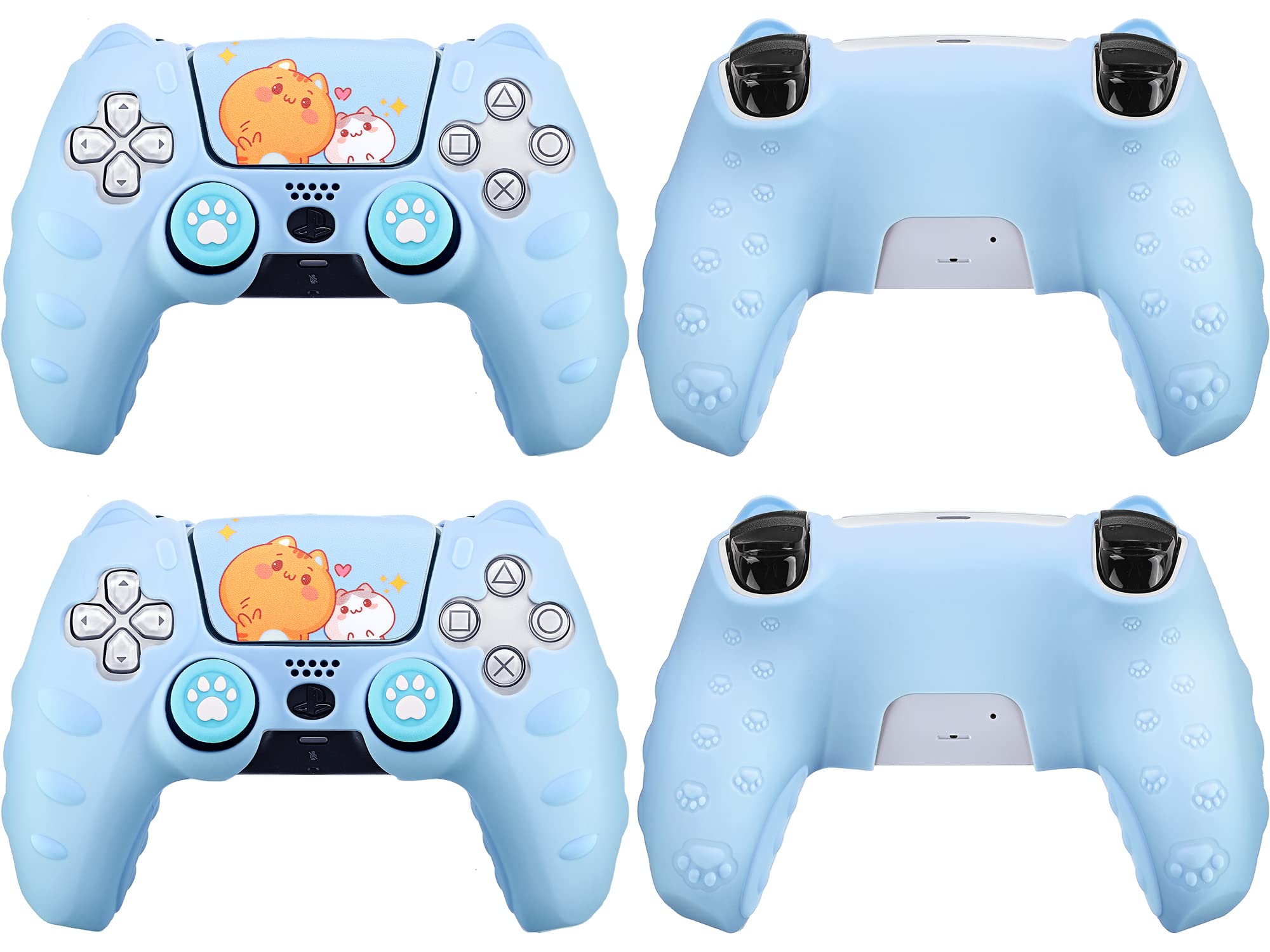 Meooeck2 Pieces Cat Controller Skin Anti Slip Silicone Controller Case with 4 Thumb Grip Caps and 2 Cat Stickers Compatible with PlayStation 5 for Cute Kawaii Accessories (Blue)