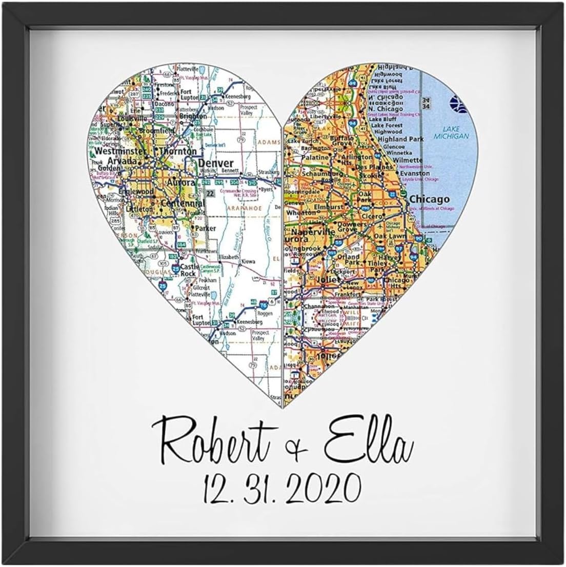 Custom Wedding Couple Split 2 Heart Maps Art Print, FRAMED ART, Wedding gift, Personalized & Customized, Engagement Gift, Anniversary, Valentines Day